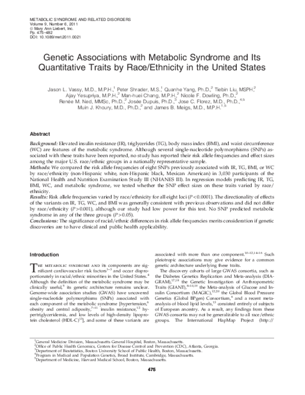 (PDF) Genetic Associations with Metabolic Syndrome and Its Quantitative ...