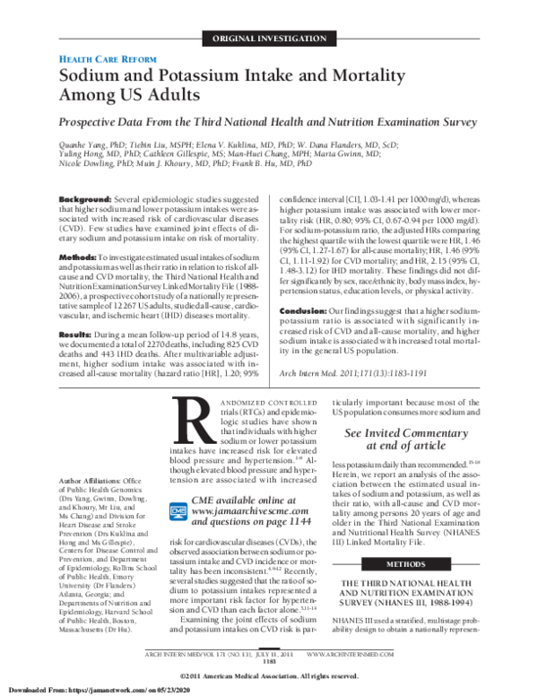 (PDF) Sodium and Potassium Intake and Mortality Among US Adults