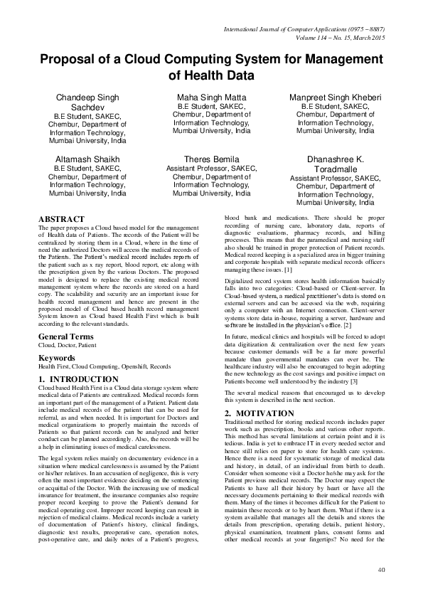 (PDF) Proposal of a Cloud Computing System for Management of Health Data
