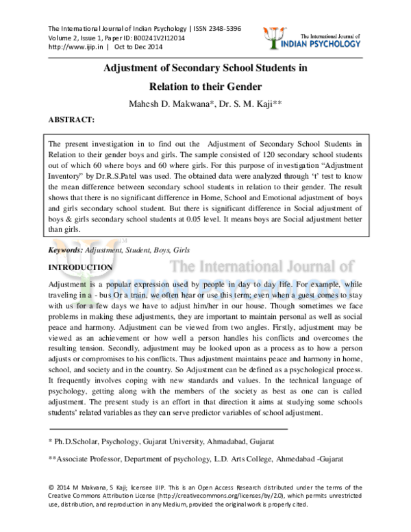 (PDF) Adjustment of Secondary School Students in Relation to their Gender