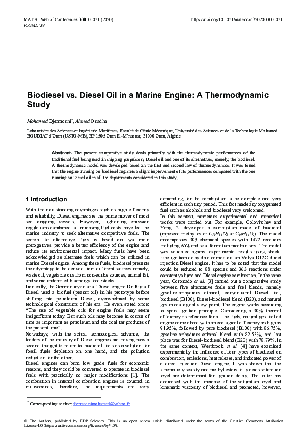(PDF) Biodiesel vs. Diesel Oil in a Marine Engine: A Thermodynamic Study