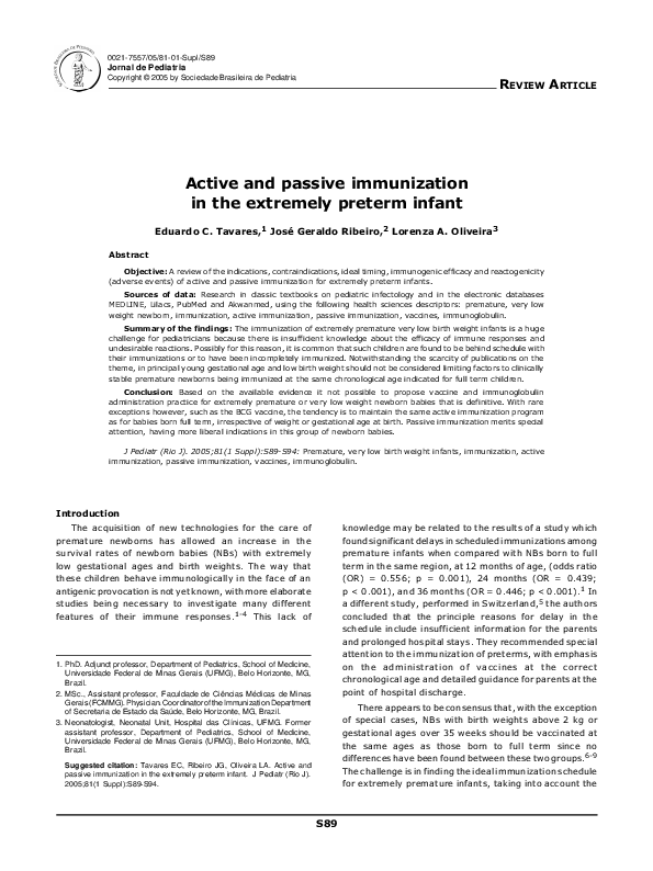 (PDF) Active and Passive Immunization In the Extremely Preterm Infant