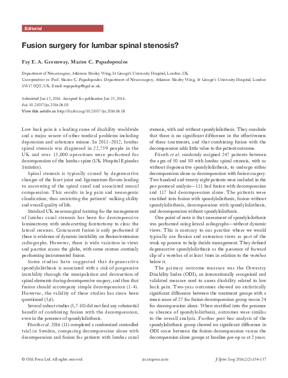 Pdf Fusion Surgery For Lumbar Spinal Stenosis