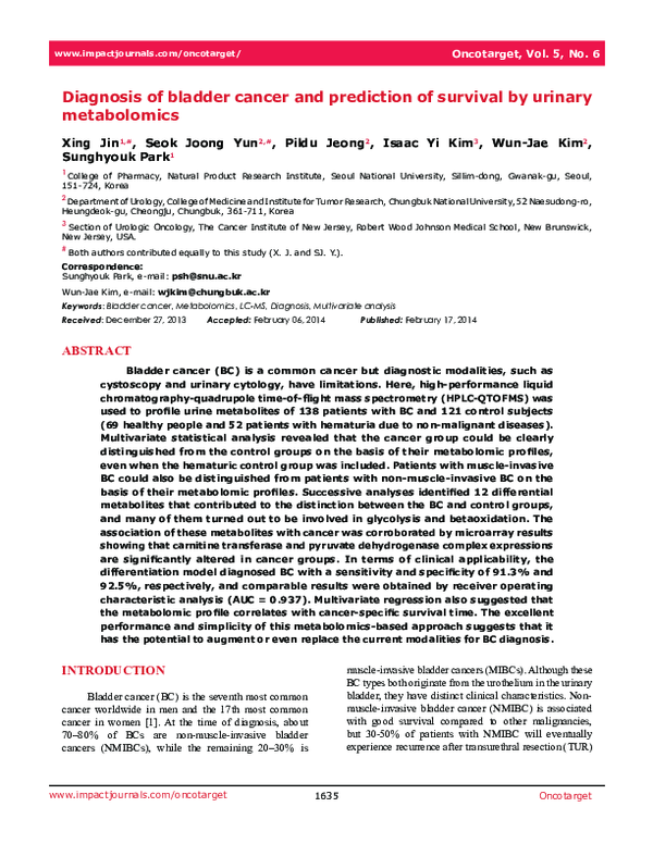 (PDF) Diagnosis of bladder cancer and prediction of survival by urinary ...
