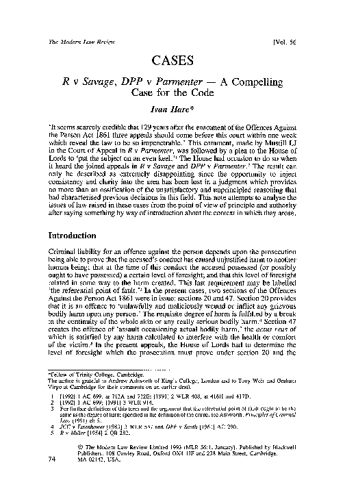 (PDF) R v Savage, DPP v Parmenter A Compelling Case for the Code