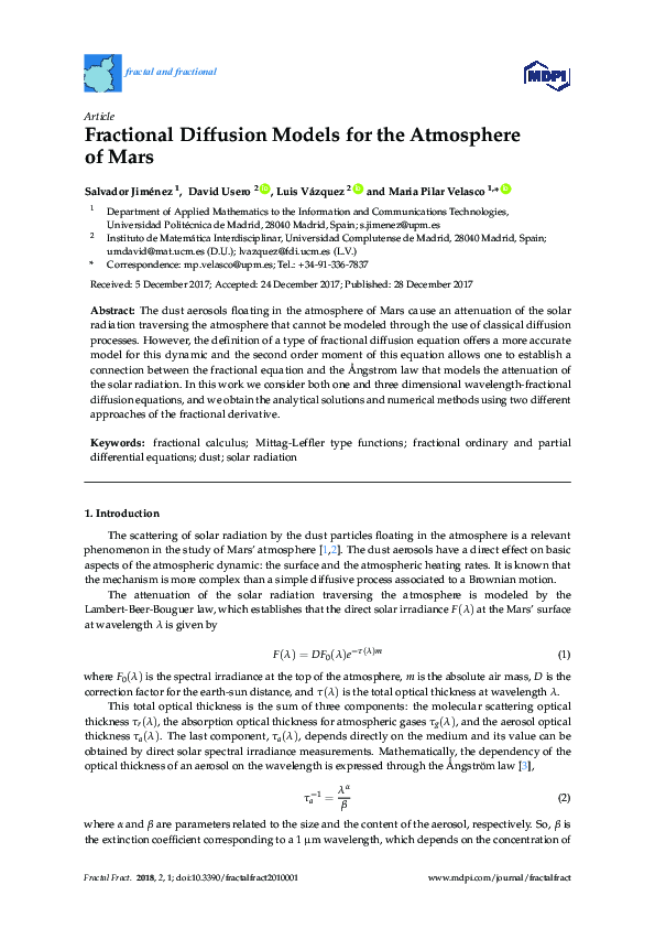 (PDF) Fractional Diffusion Models for the Atmosphere of Mars