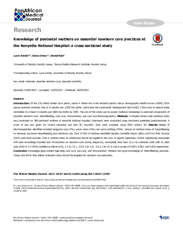 (PDF) Knowledge of postnatal mothers on essential newborn care ...
