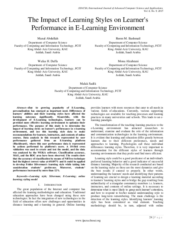 (PDF) The Impact of Learning Styles on Learner's Performance in E ...