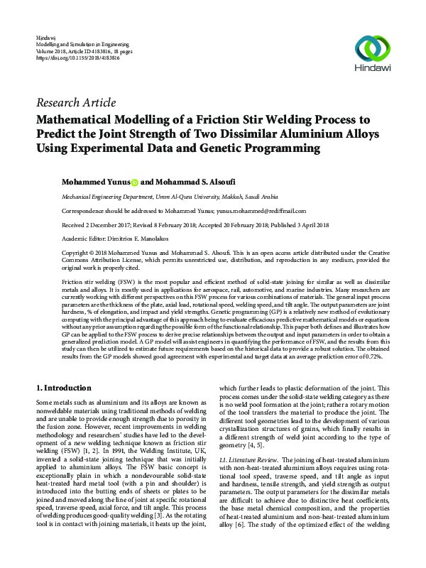 (PDF) Mathematical Modelling of a Friction Stir Welding Process to ...
