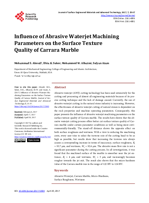 (PDF) Influence of Abrasive Waterjet Machining Parameters on the