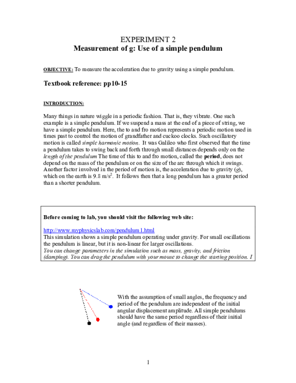 (PDF) EXPERIMENT 2 Measurement of g Use of a simple pendulum محمود علي Academia.edu