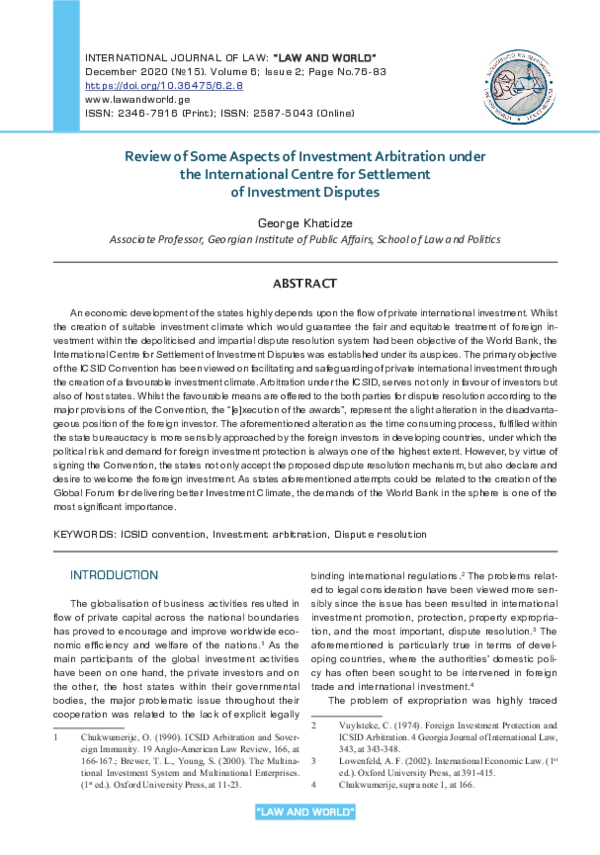 (PDF) Review of Some Aspects of Investment Arbitration under the ...