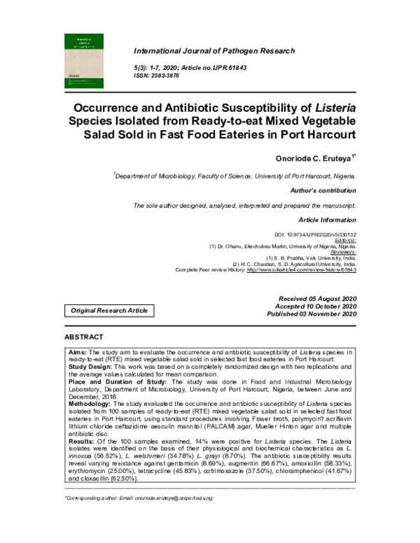 (PDF) Occurrence and Antibiotic Susceptibility of Listeria Species ...