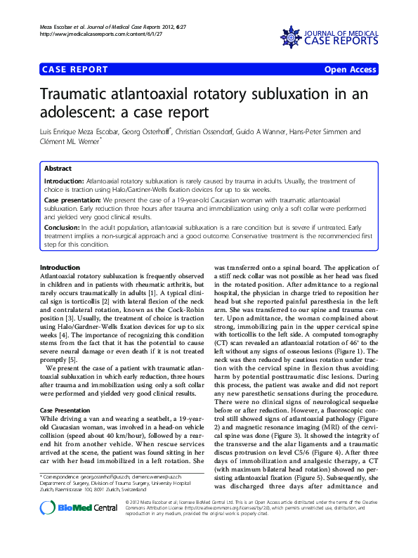 (PDF) Traumatic atlantoaxial rotatory subluxation in an adolescent: a ...