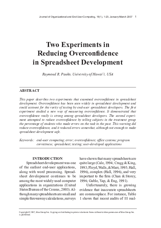 (PDF) Two Experiments in Reducing Overconfidence in Spreadsheet Development