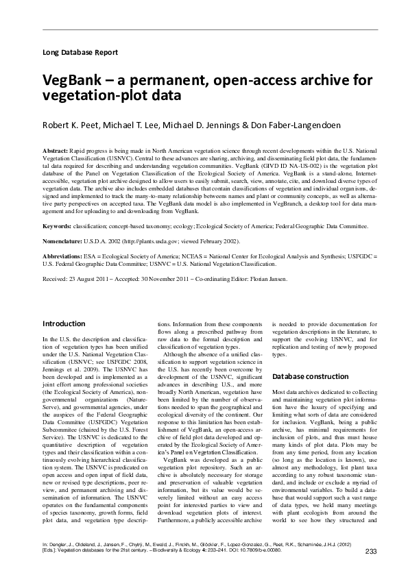 (PDF) VegBank: A Permanent, Open-Access Archive for Vegetation Plot Data