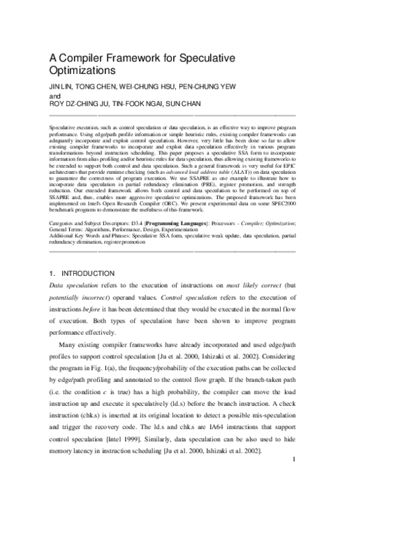 (PDF) A compiler framework for speculative optimizations