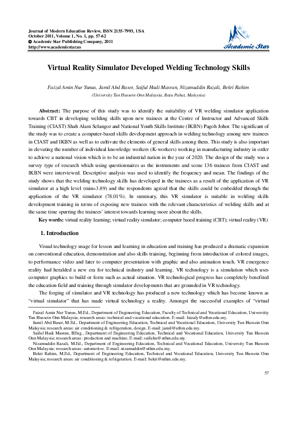 (PDF) Virtual Reality Simulator Developed Welding Technology Skills