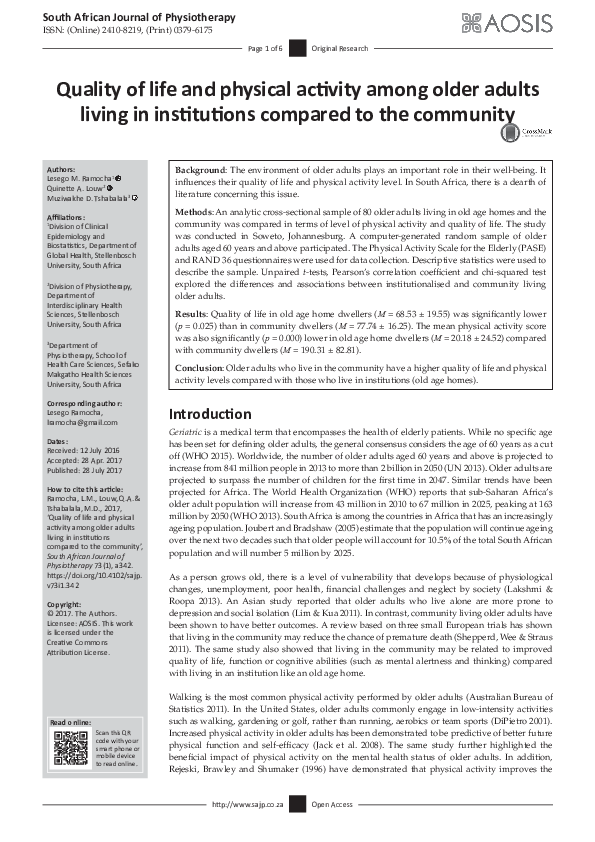 (PDF) Quality of life and physical activity among older adults living ...