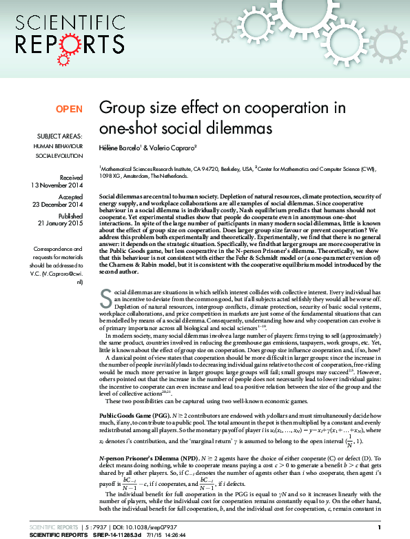 (PDF) Group size effect on cooperation in one-shot social dilemmas