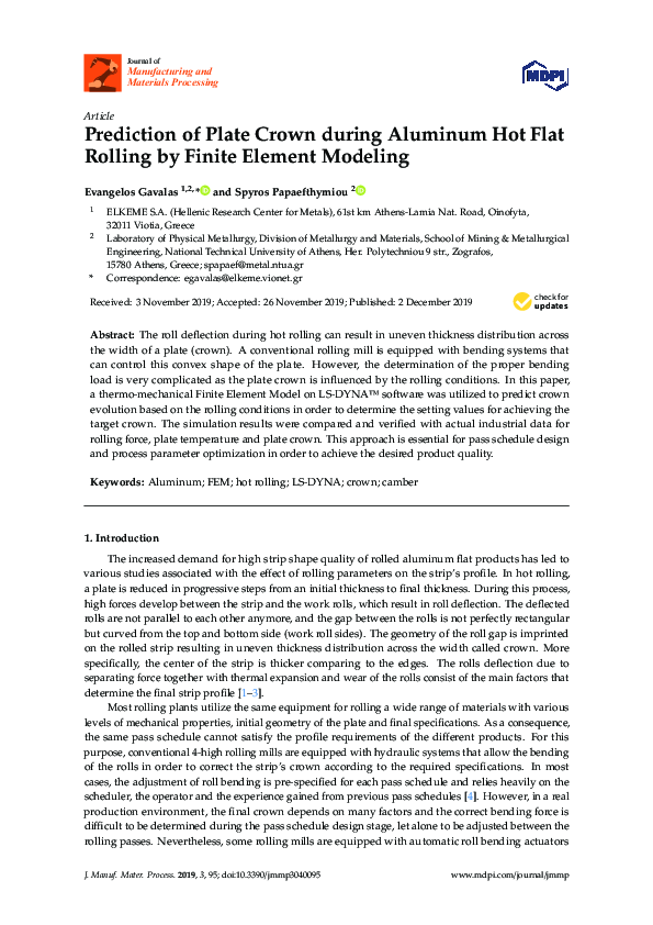 (PDF) Prediction of Plate Crown during Aluminum Hot Flat Rolling by ...