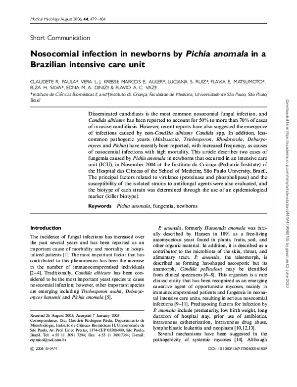 (PDF) Nosocomial infection in newborns by Pichia anomala in a Brazilian ...