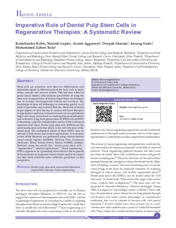 (PDF) Imperative role of dental pulp stem cells in regenerative ...