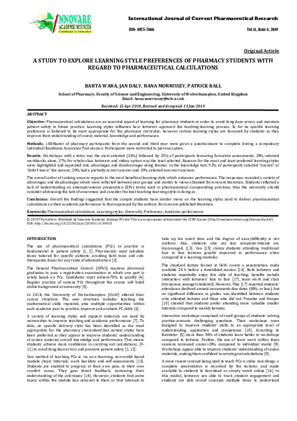 (PDF) A Study to Explore Learning Style Preferences of Pharmacy ...