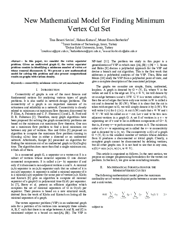 (PDF) New mathematical model for finding minimum vertex cut set