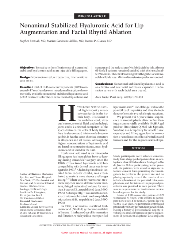 (PDF) Nonanimal Stabilized Hyaluronic Acid for Lip Augmentation and ...