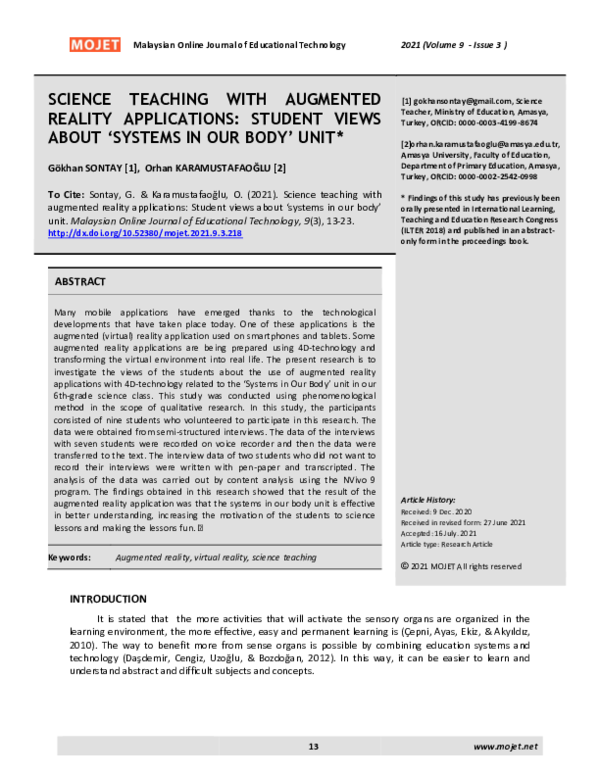 (PDF) Science Teaching with Augmented Reality Applications: Student ...
