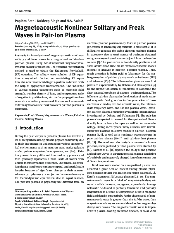 (PDF) Magnetoacoustic Nonlinear Solitary and Freak Waves in Pair-Ion Plasma
