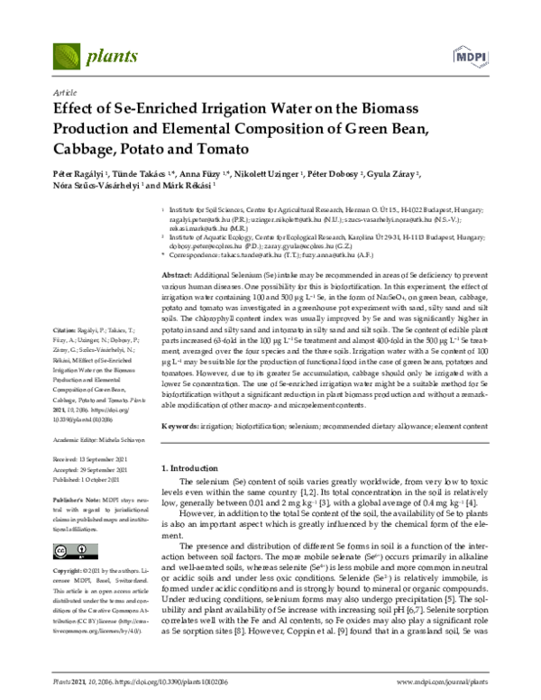 (PDF) Effect of Se-Enriched Irrigation Water on the Biomass Production ...