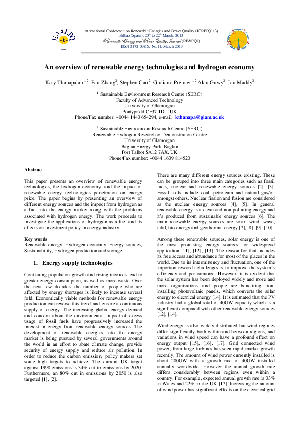 (PDF) An overview of renewable energy technologies and hydrogen economy