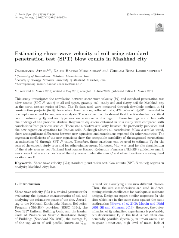 (PDF) Estimating shear wave velocity of soil using standard penetration ...