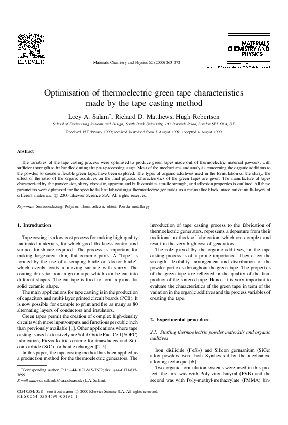 (PDF) Optimisation of thermoelectric green tape characteristics made by