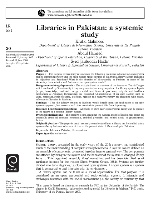 (PDF) Libraries in Pakistan a systemic study Khalid Mahmood