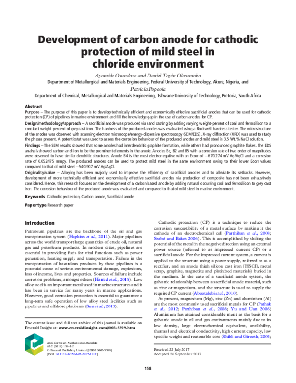 (PDF) Development of carbon anode for cathodic protection of mild steel ...
