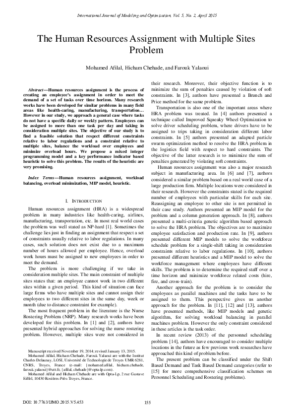 (PDF) The Human Resources Assignment with Multiple Sites Problem