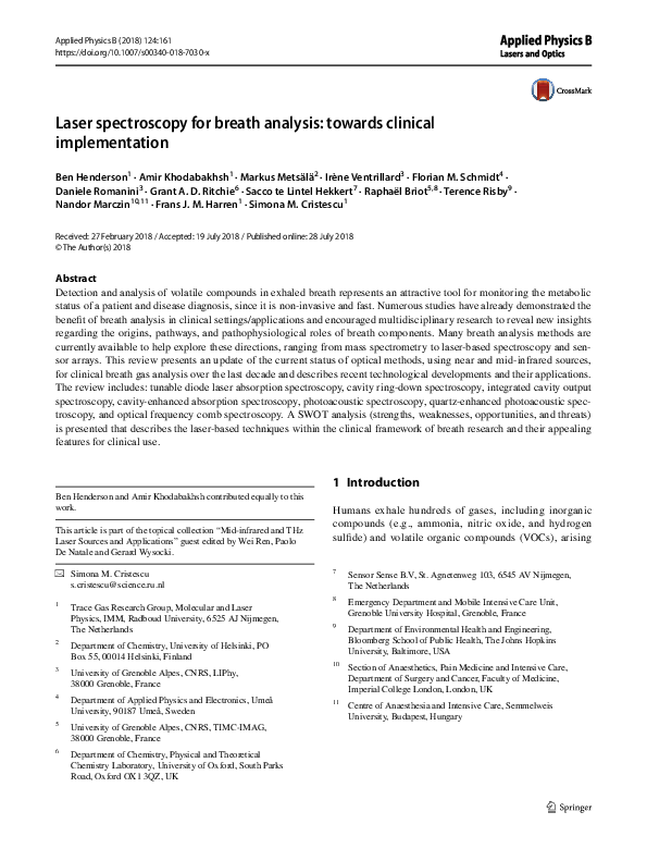 (PDF) Laser spectroscopy for breath analysis towards clinical
