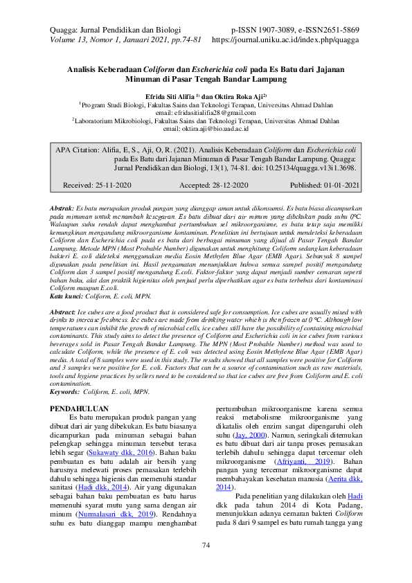 (PDF) Analisis Keberadaan Coliform dan Escherichia coli pada Es Batu ...
