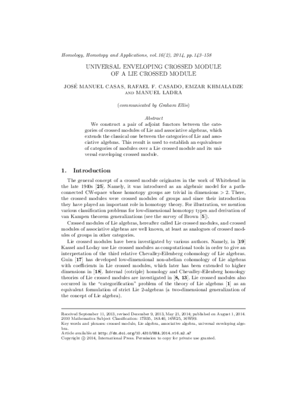 (PDF) Universal enveloping crossed module of a Lie crossed module