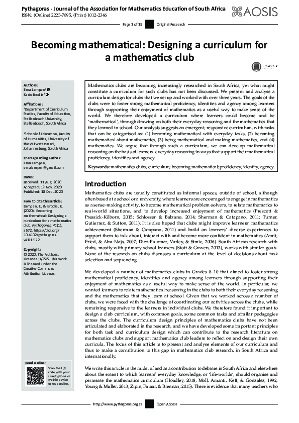 (PDF) Becoming mathematical: Designing a curriculum for a mathematics club