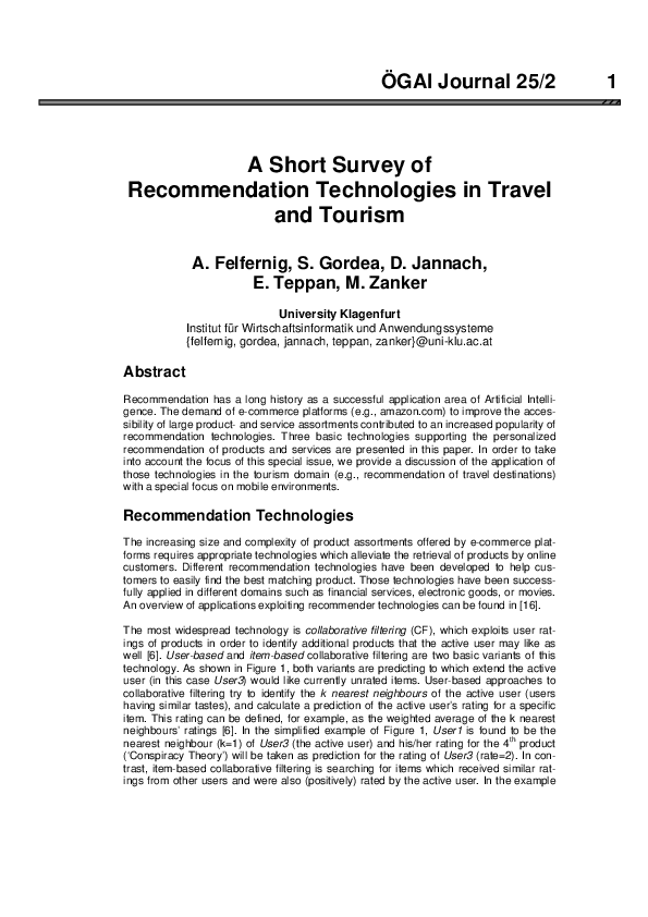 (PDF) A short survey of recommendation technologies in travel and tourism