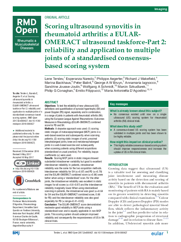 (PDF) Scoring ultrasound synovitis in rheumatoid arthritis: a EULAR ...