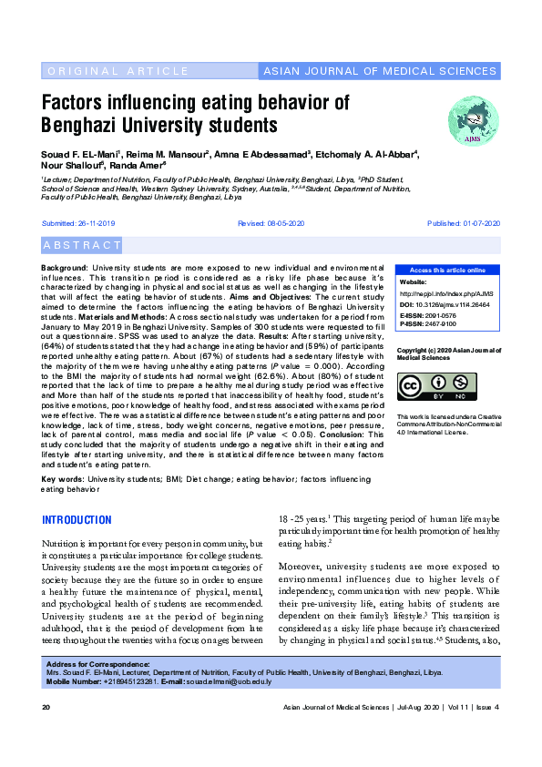 (PDF) Factors influencing eating behavior of Benghazi University students