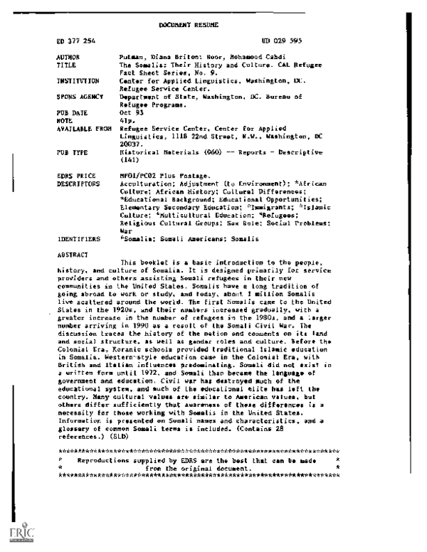 (PDF) The Somalis Their History and Culture. CAL Refugee Fact Sheet