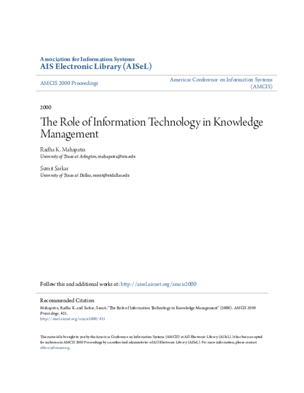 (PDF) The Role of Information Technology In Knowledge Management
