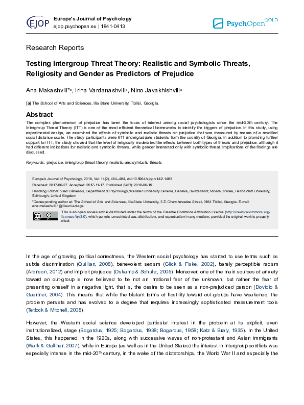 (PDF) Testing intergroup threat theory: Realistic and symbolic threats ...