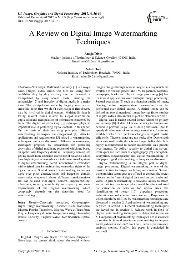 (PDF) A Review on Digital Image Watermarking Techniques ANUJA DIXIT